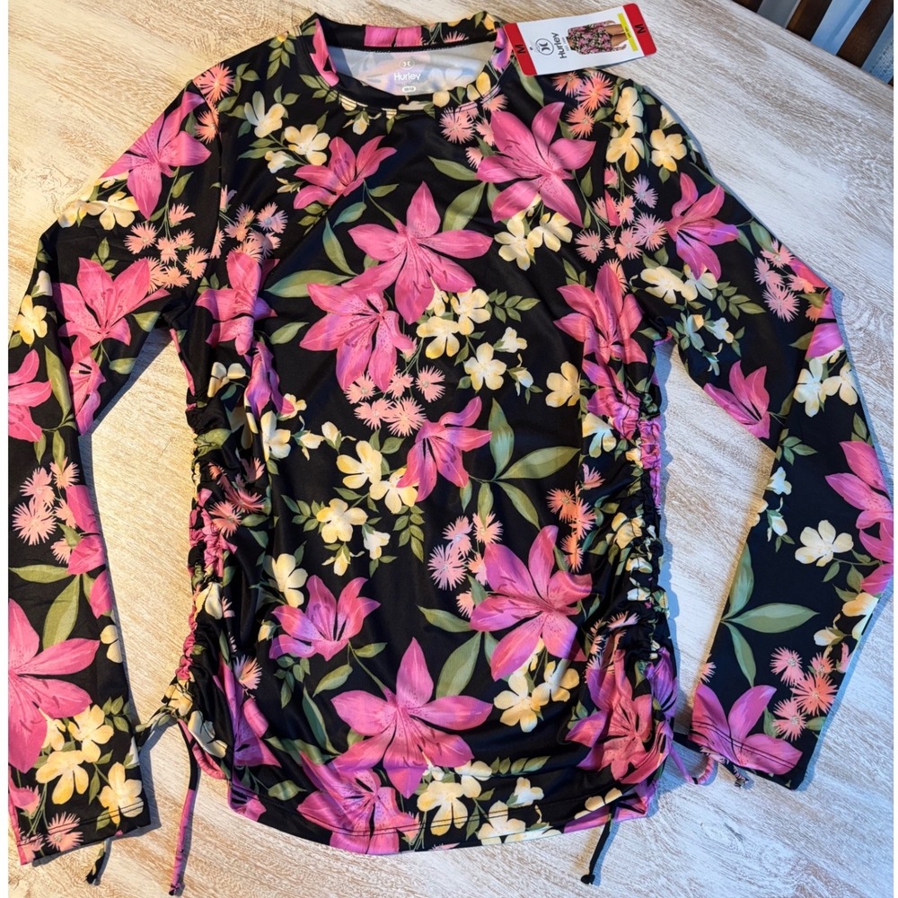 NWT Hurley Womens Floral Rash Guard Long Sleeve UPF 50+ Black Pink MEDIUM